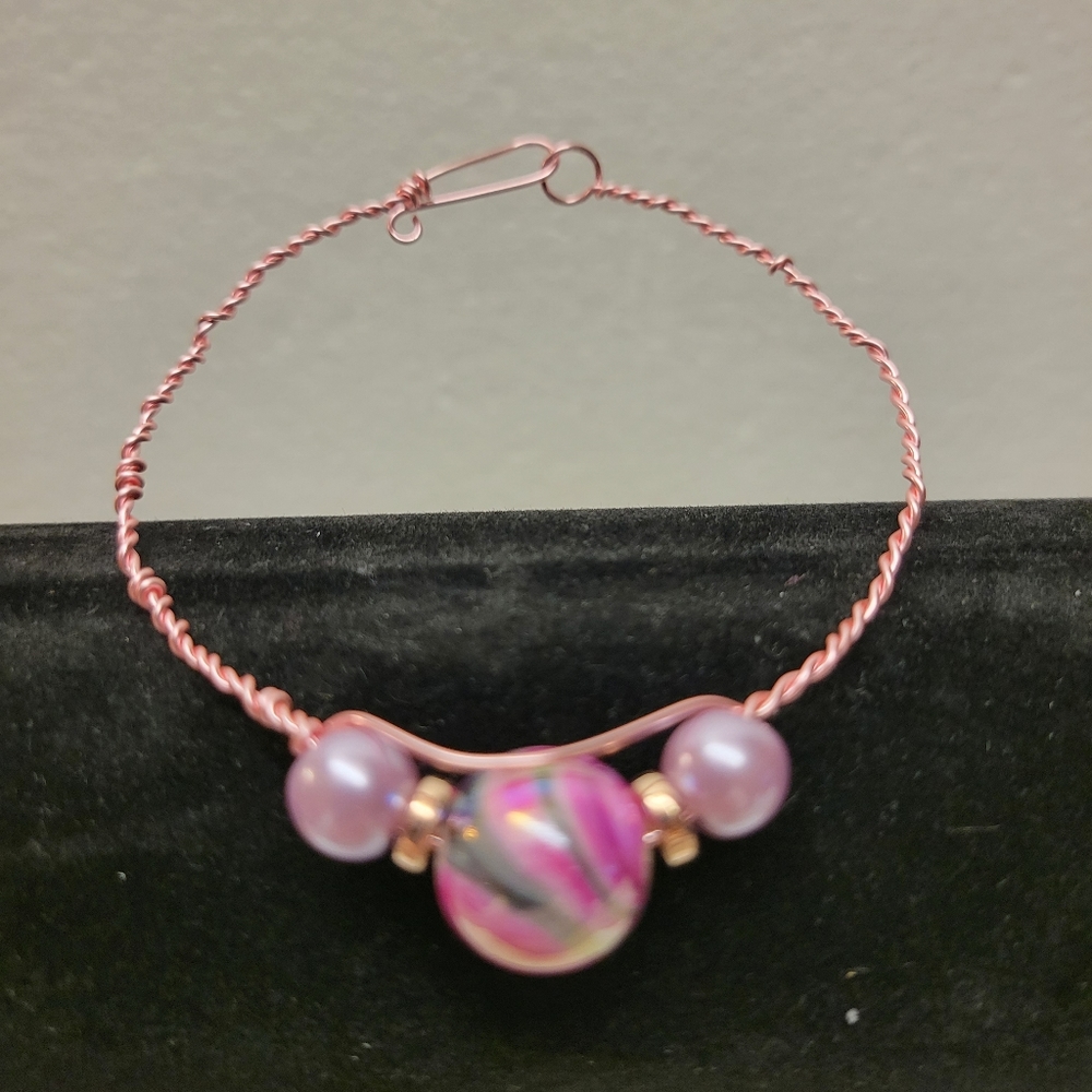 Hand Crafted Rose Gold Wire and Pink Acrylic Bead Bangle Bracelet